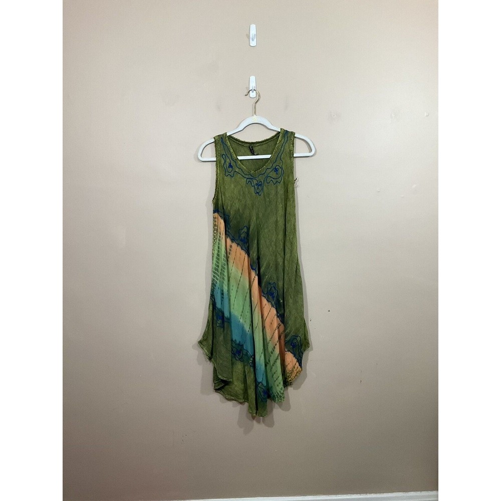 Womens Tie Dye Midi Dress O/S Green Beach Boho Hippie Festival Embroidered